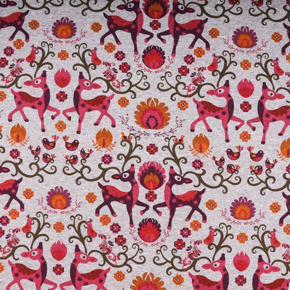 Tissu Jersey Coton Gris chiné Cerfs Fuschia