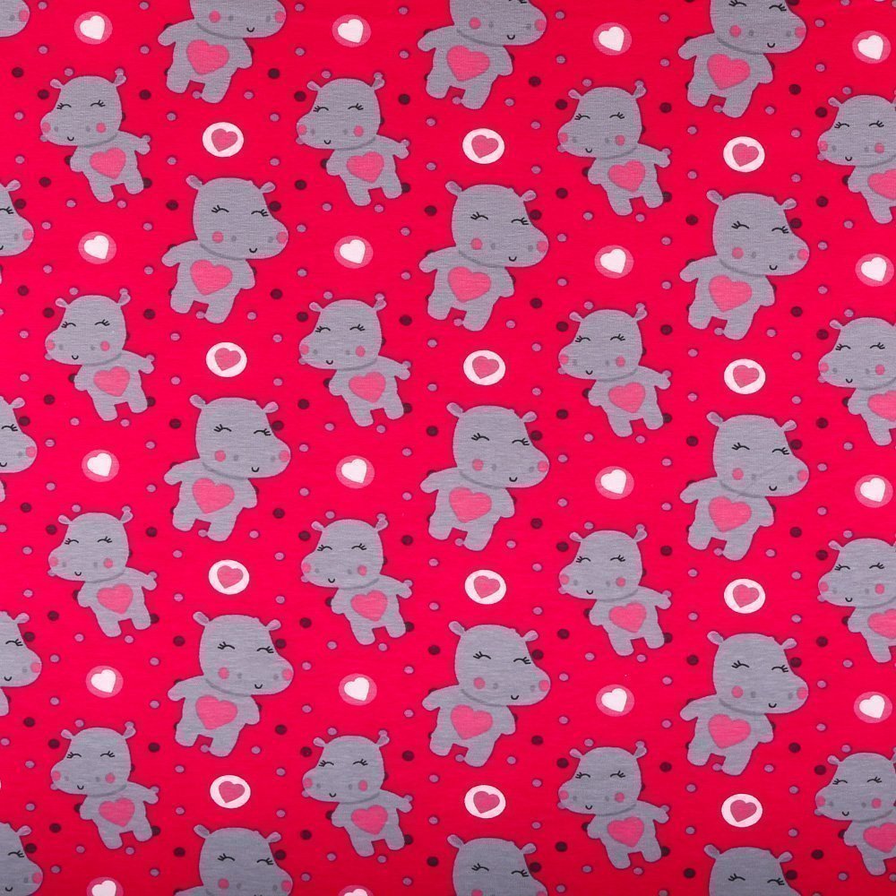 Tissu Jersey Coton Hippopotames Gris sur fond Fuschia