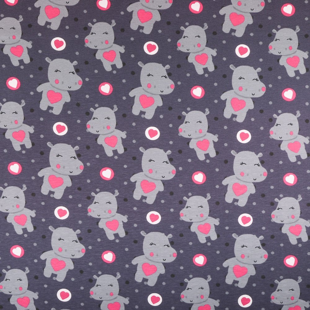 Tissu Jersey Coton Hippopotames Gris clair sur fond Gris pierre