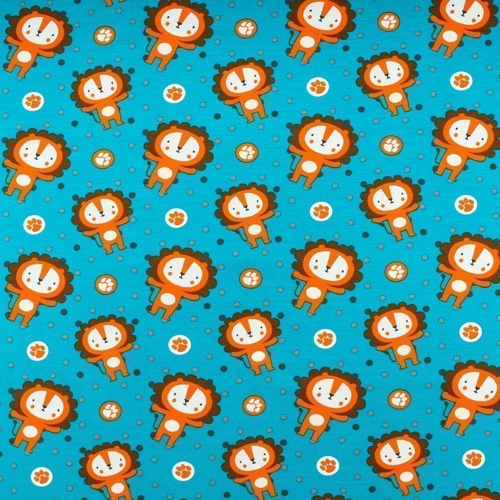 Tissu Jersey Coton Lions Orange sur fond Bleu émeraude