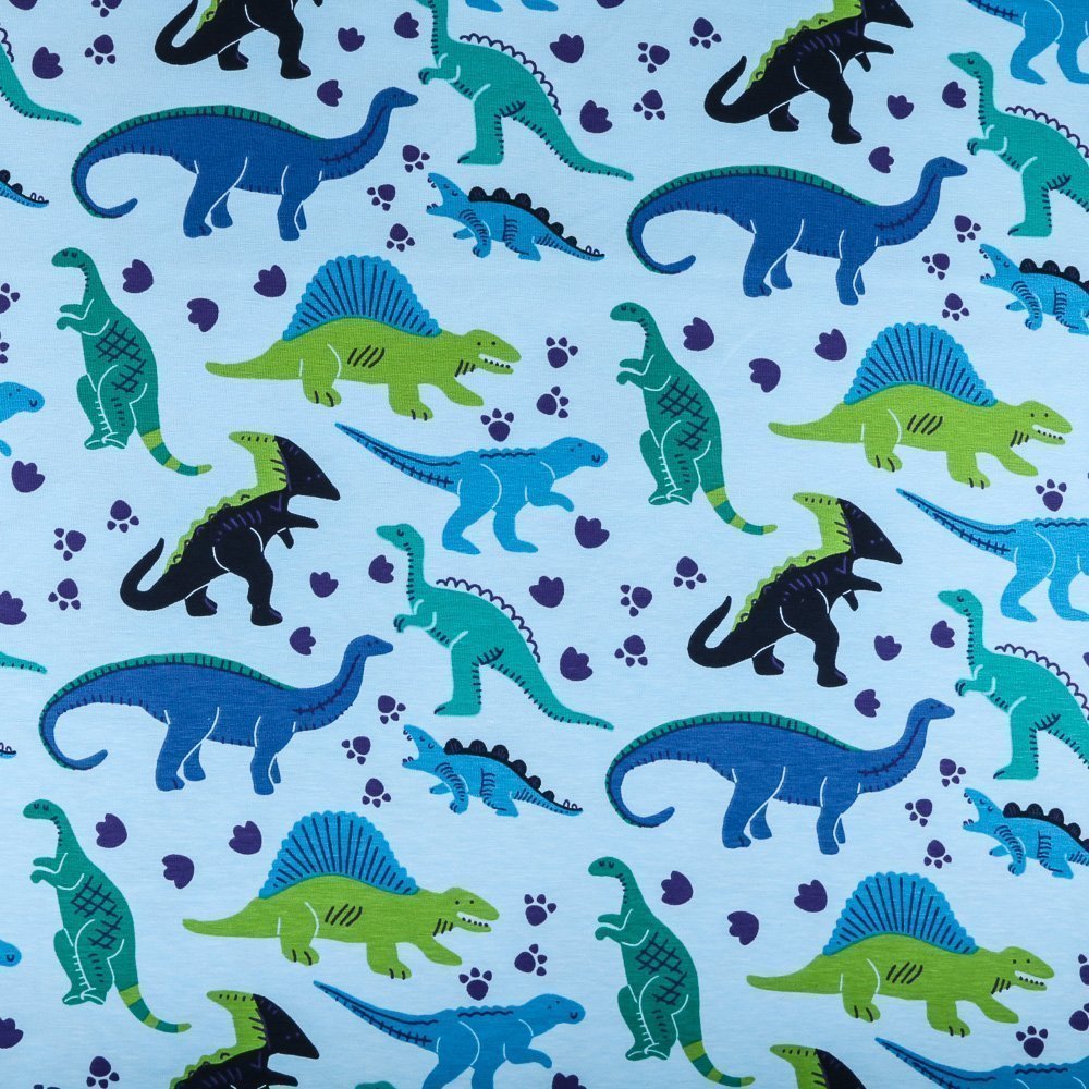 Tissu Jersey Coton Dinosaures Bleus et verts sur fond Bleu ciel