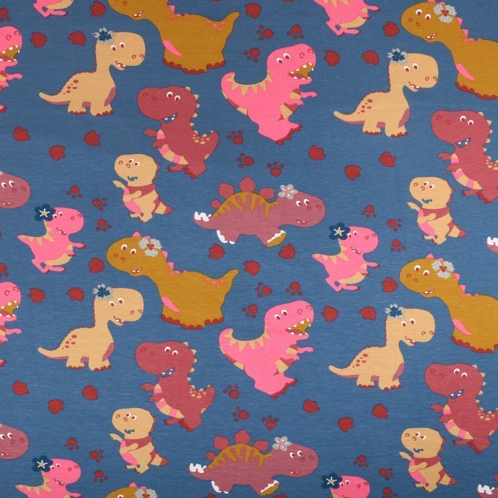 Tissu Jersey Coton Dinosaures Terracotta et moutarde sur fond Bleuet
