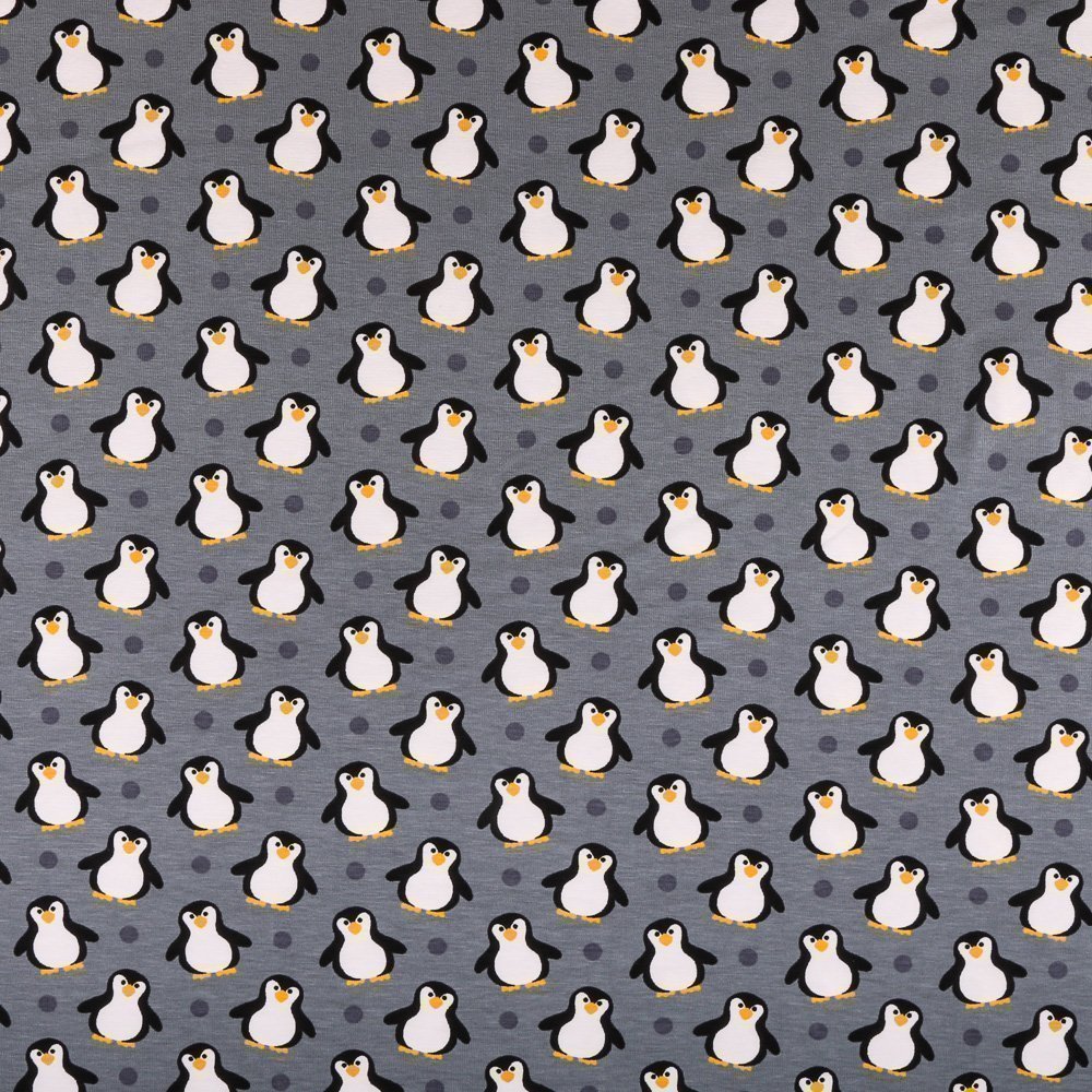 Tissu Jersey Coton Pingouins sur fond Gris pierre