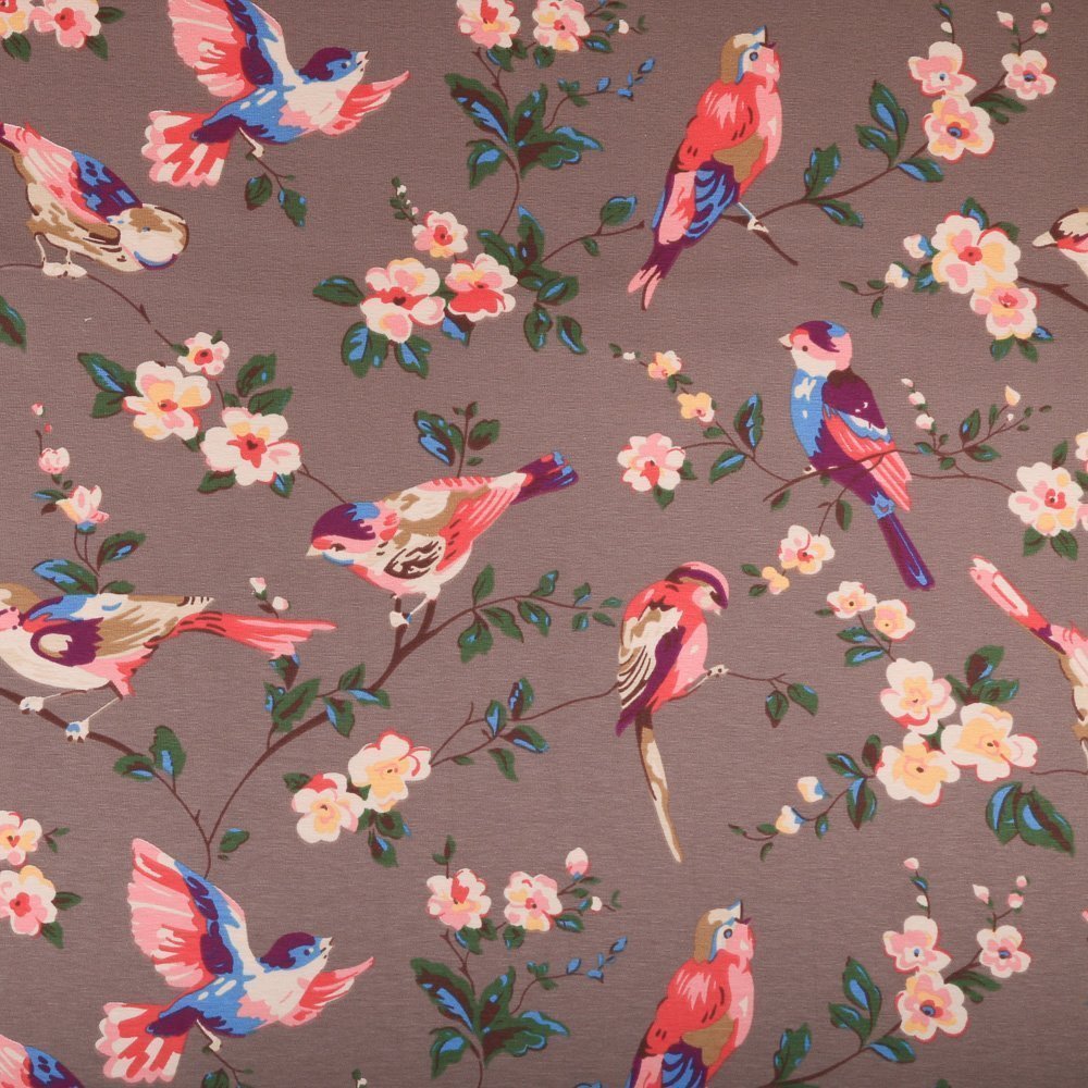 Tissu Jersey Coton Oiseaux et fleurs Multicolore sur fond Taupe