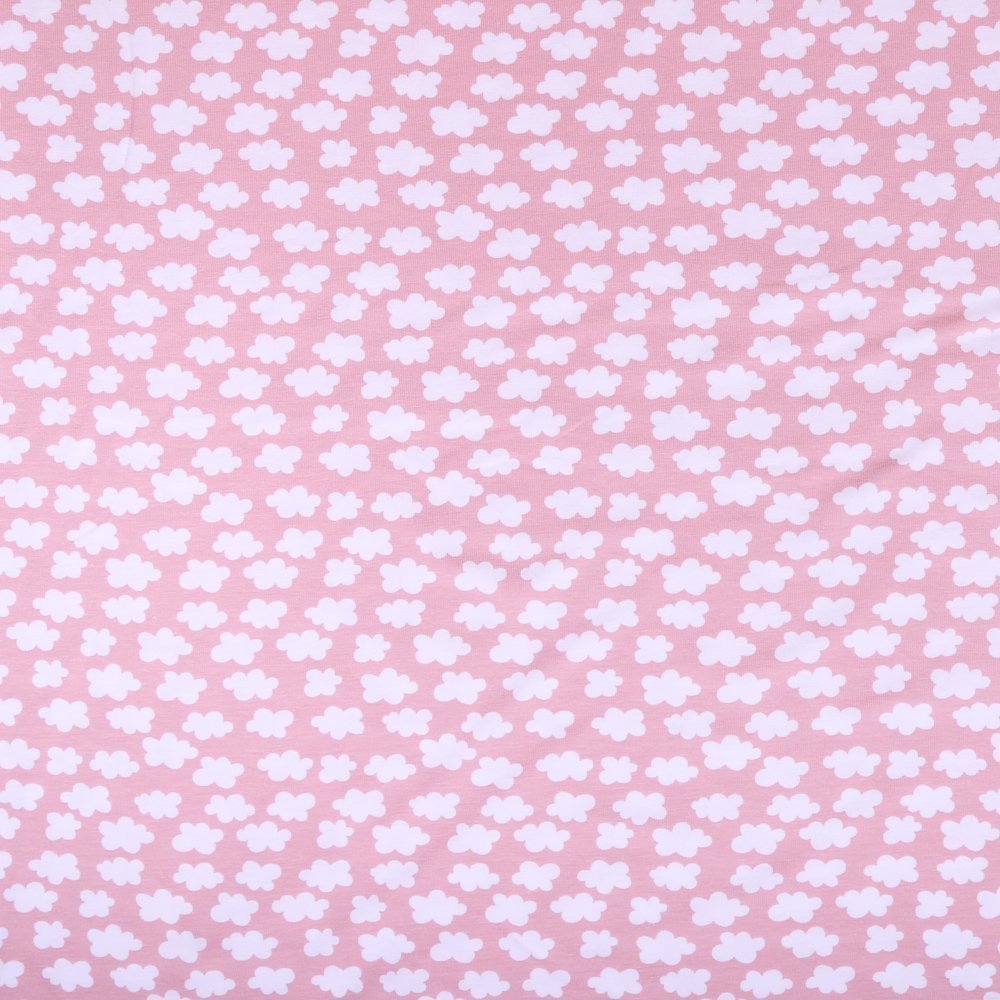 Tissu Jersey Coton Nuages Blancs sur fond Rose dragée