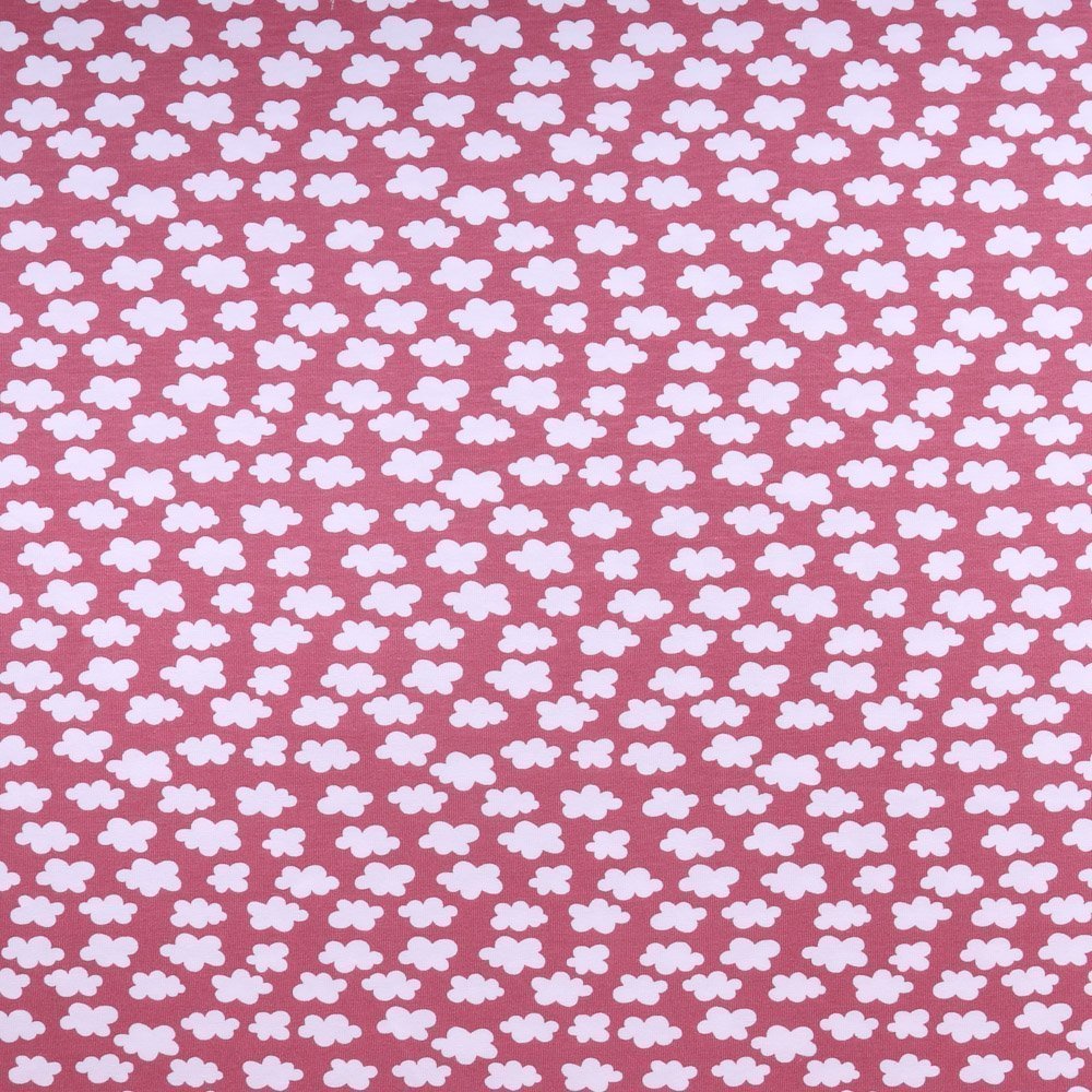 Tissu Jersey Coton Nuages Blancs sur fond Bordeaux pastel
