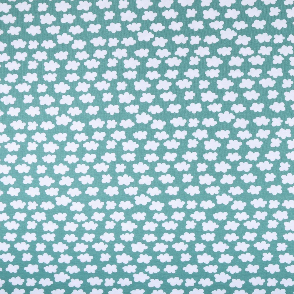 Tissu Jersey Coton Nuages Blancs sur fond Vert opale