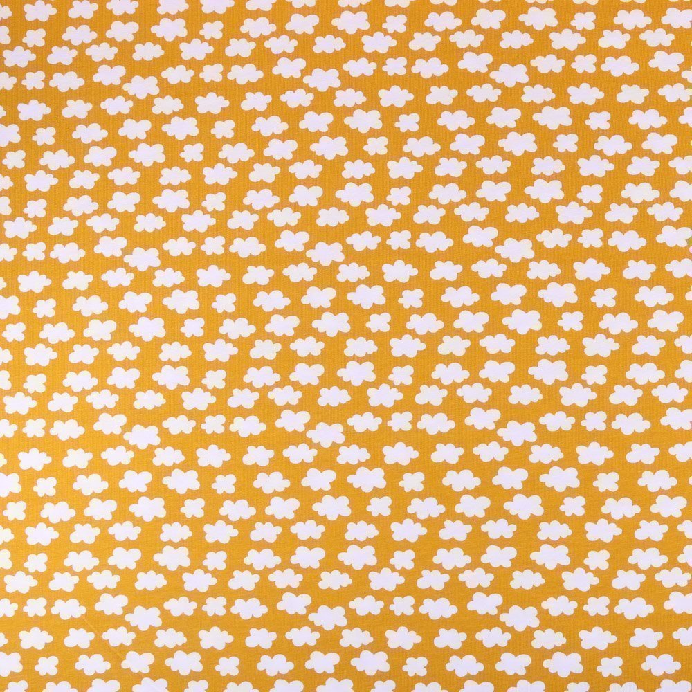 Tissu Jersey Coton Nuages Blancs sur fond Moutarde