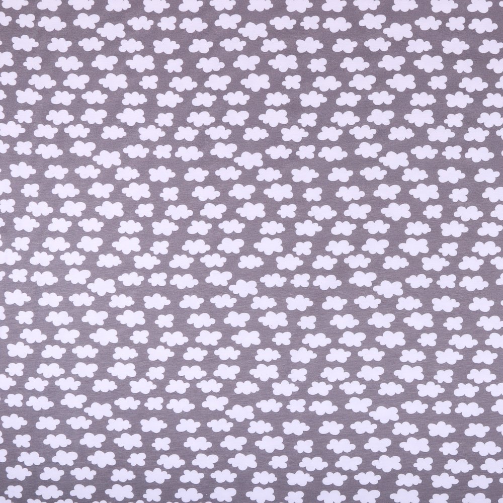 Tissu Jersey Coton Nuages Blancs sur fond Taupe