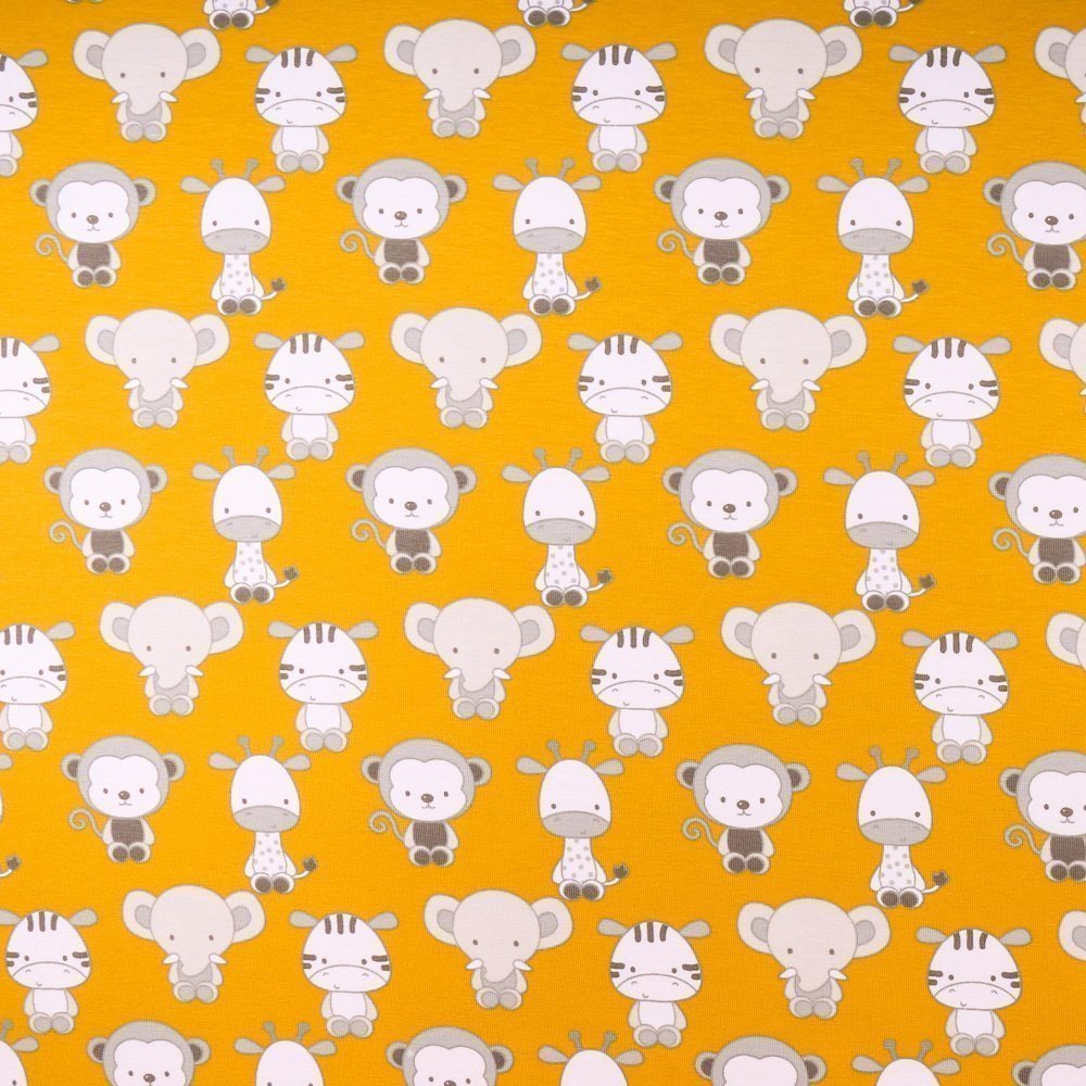 Tissu Jersey Coton Eléphants, girafes et singes Gris sur fond Moutarde