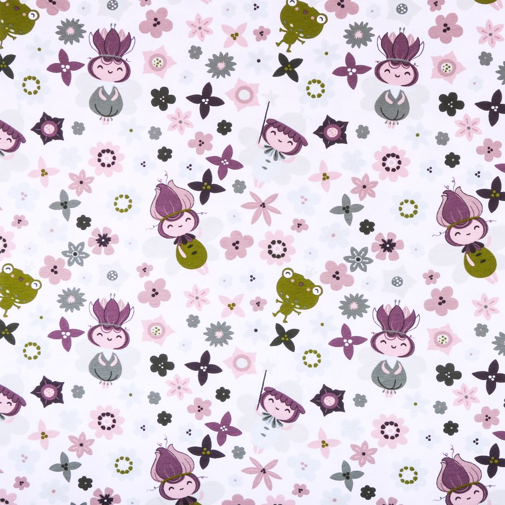 Tissu Jersey Coton Filettes et grenouilles Verts et violets sur fond Blanc