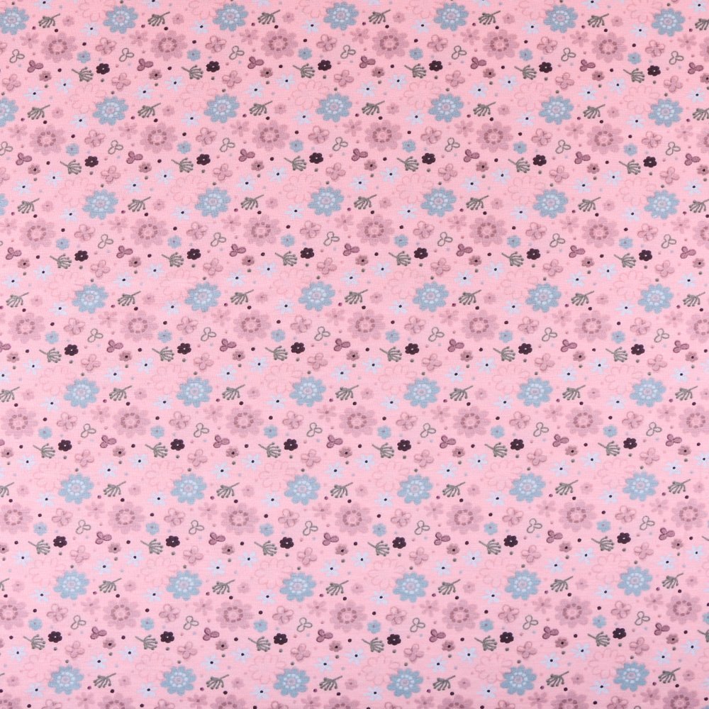 Tissu Jersey Coton Fleuris Menthe sur fond Rose bébé