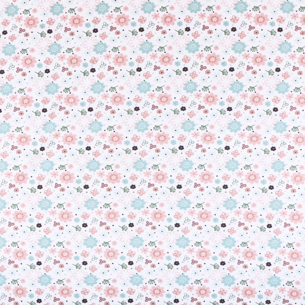 Tissu Jersey Coton Blanc Fleuris Menthe et rose