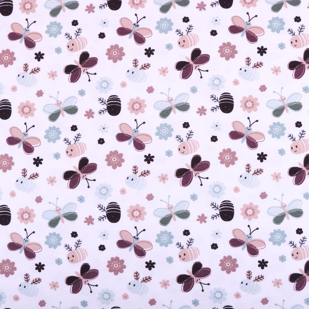 Tissu Jersey Coton Blanc Papillons et fleurs Violet / Chair
