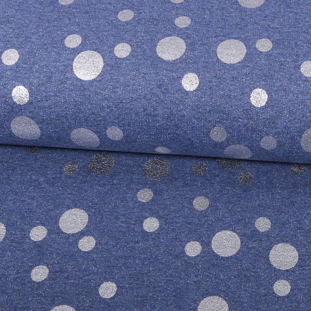 Tissu Jersey Jogging Pois Argentées sur fond Bleu jean