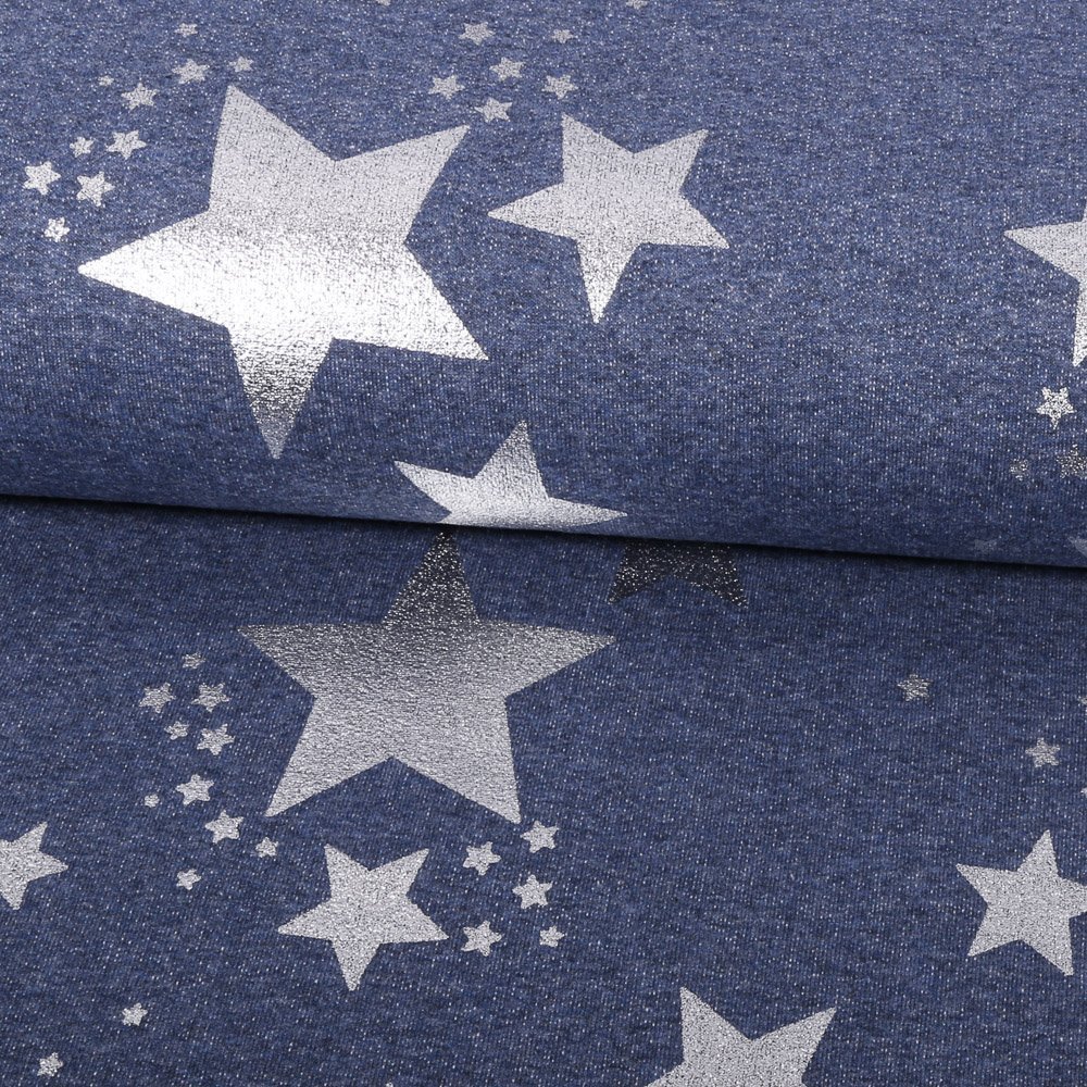 Tissu Jersey Jogging Etoiles Argentées sur fond Bleu jean