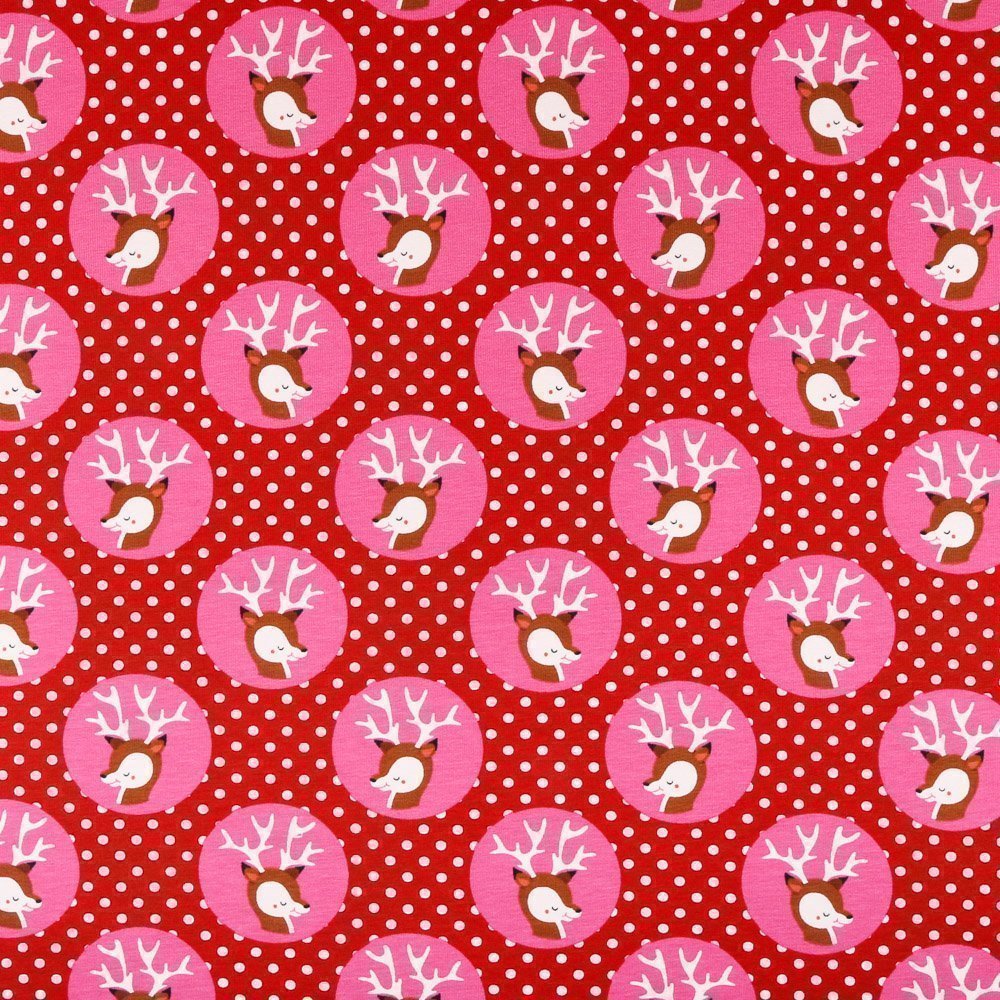 Tissu Jersey Coton Cercles chevreuils Rose bonbon sur fond Rouge