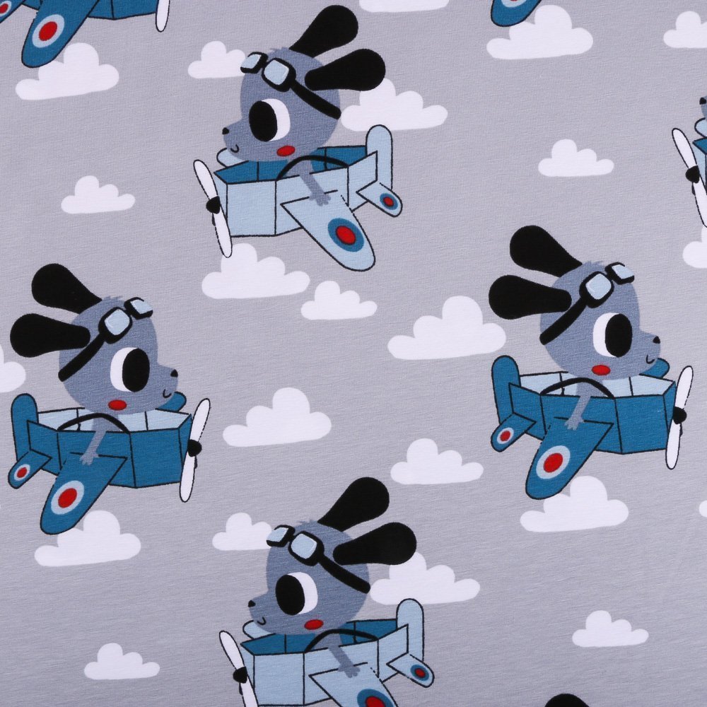 Tissu Jersey Coton Gris clair Chiens aviateurs