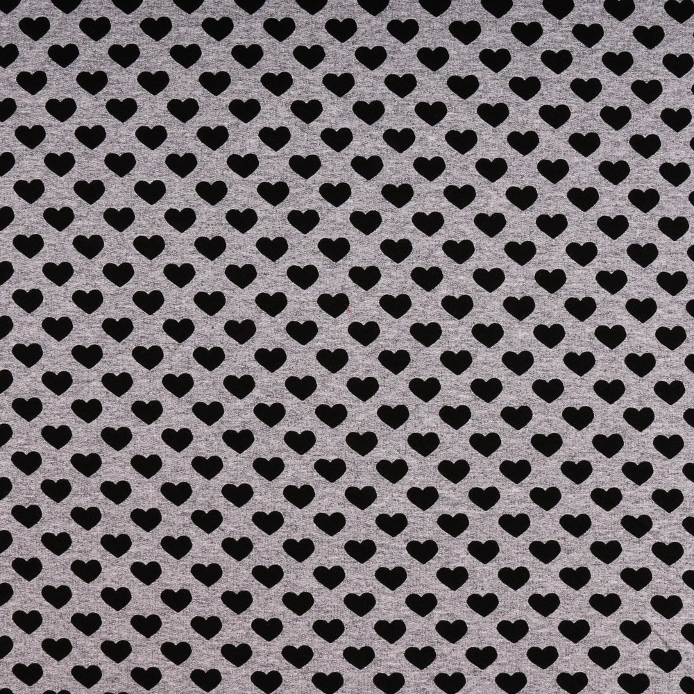 Tissu Jersey Jogging Gris chiné Coeurs Noirs
