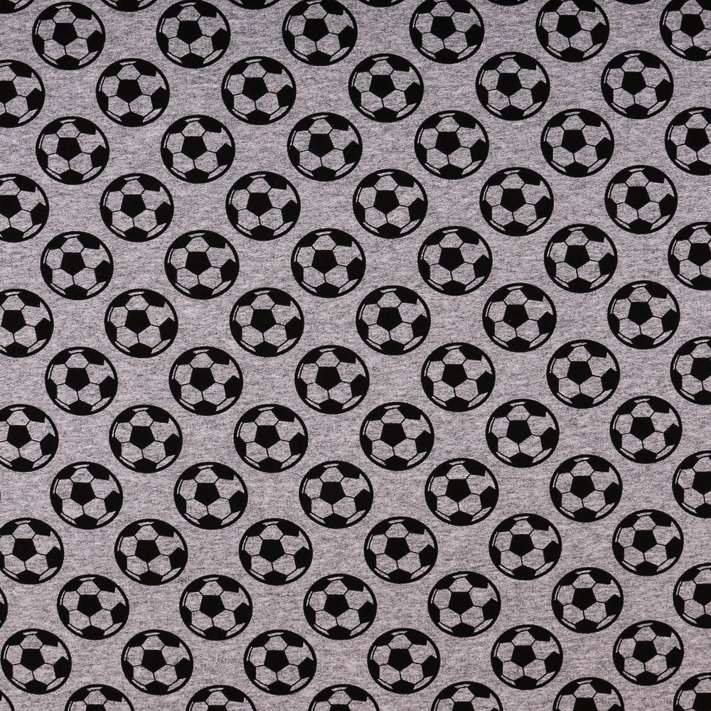 Tissu Jersey Jogging Gris chiné Ballons de foot Noirs