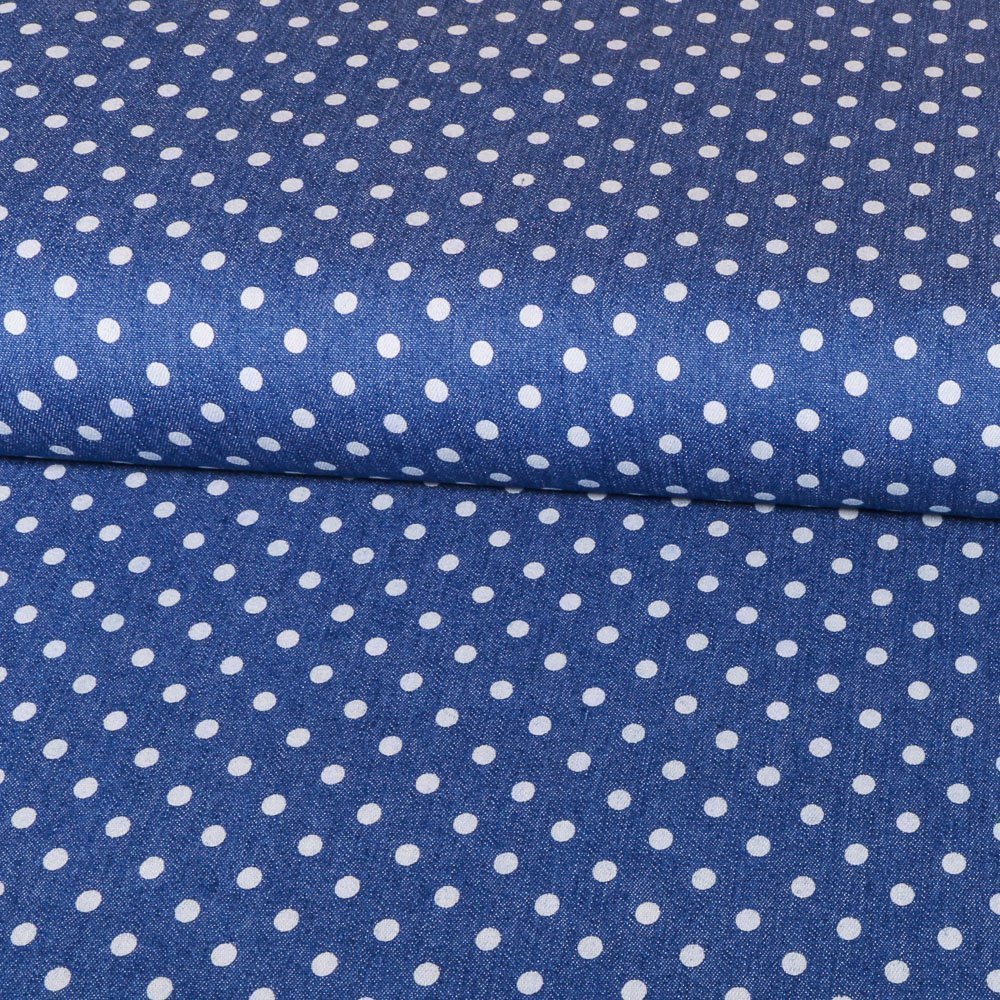 Tissu Chambray Pois 5mm Blancs sur fond Bleu jean
