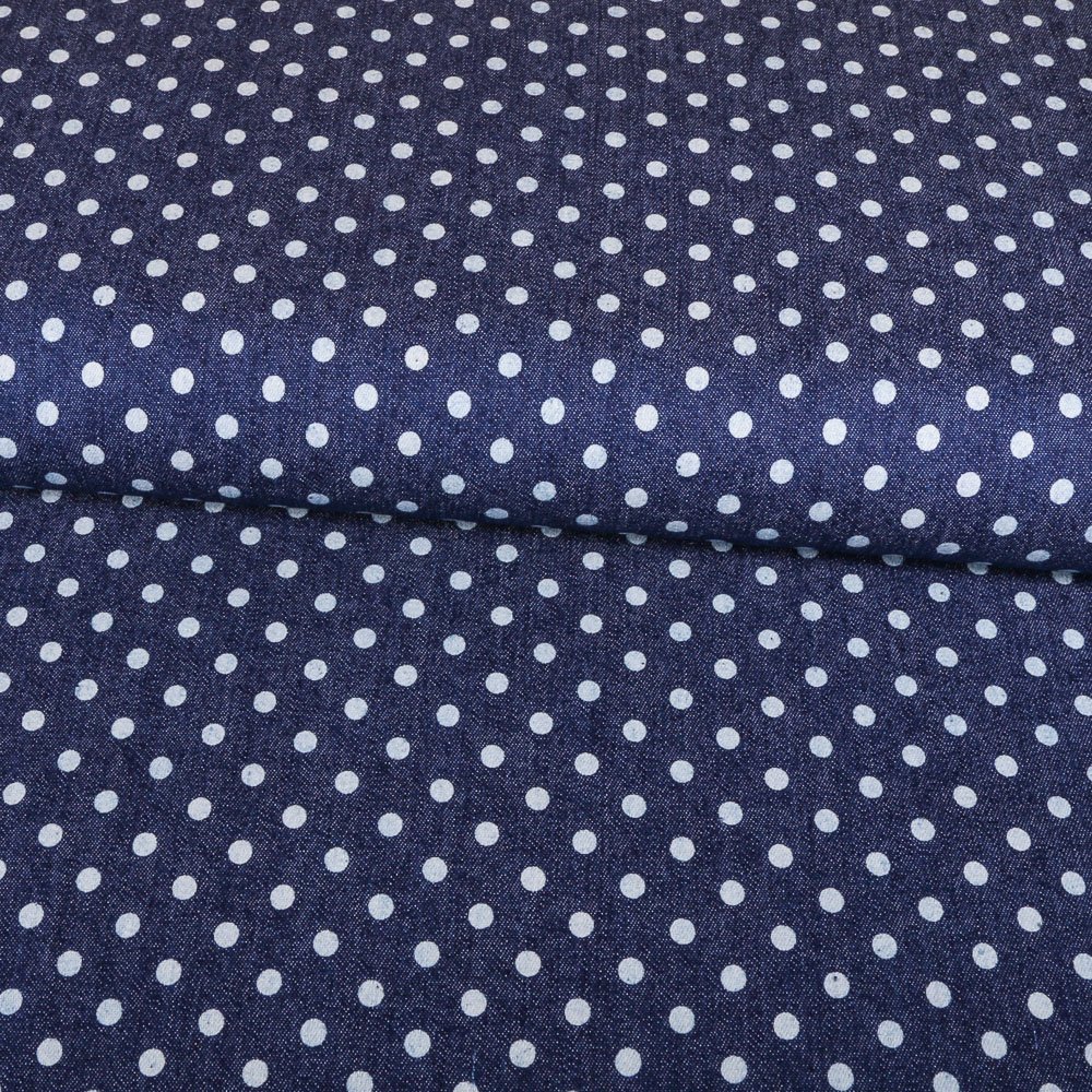 Tissu Chambray Pois 5mm Blancs sur fond Bleu jean foncé