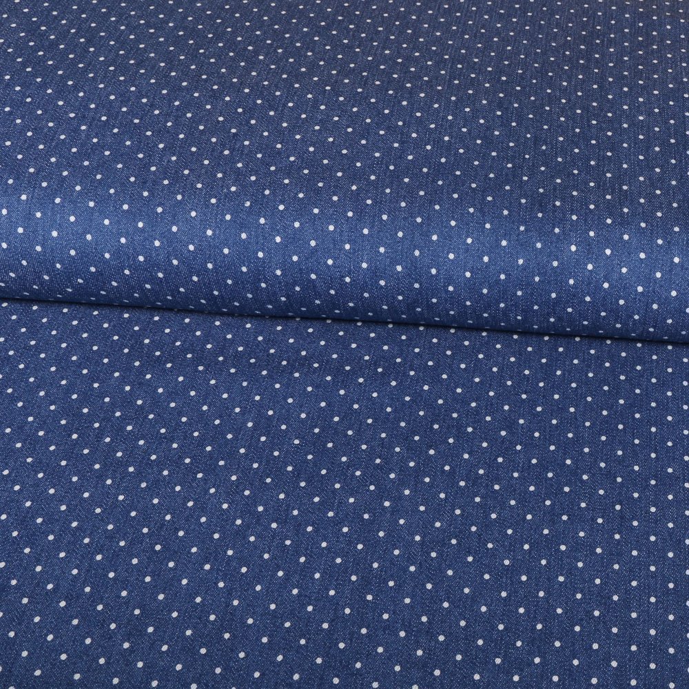 Tissu Chambray Pois 1mm Blancs sur fond Bleu jean
