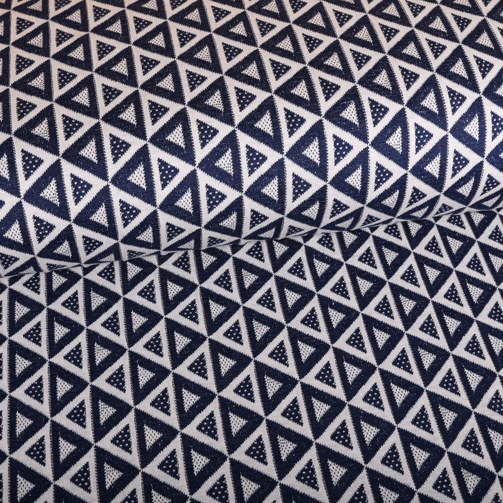 Tissu Maille Jacquard Bleu jean Triangles Blancs