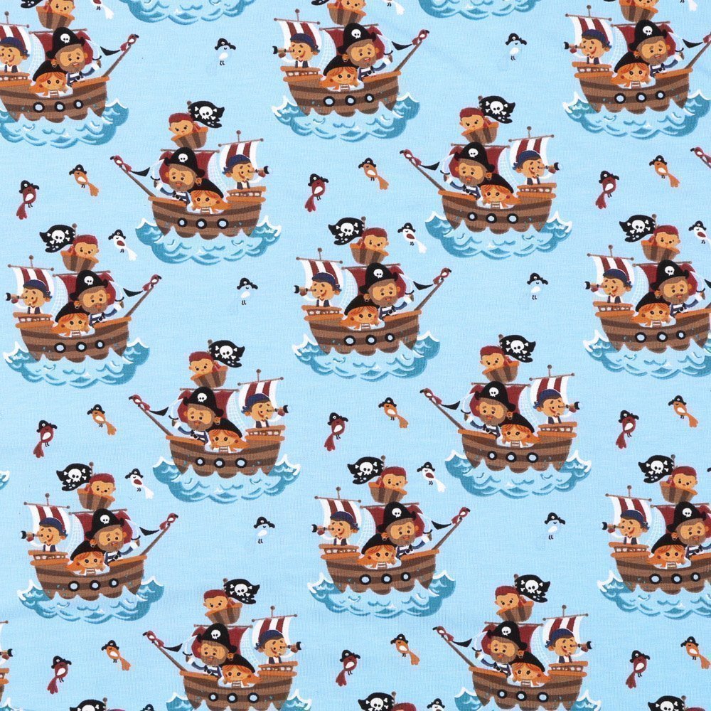 Tissu Jersey Coton Bateaux de Pirates Marrons et oranges sur fond Bleu ciel
