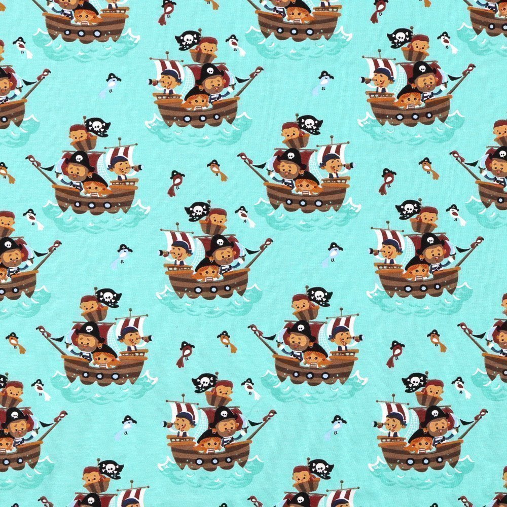 Tissu Jersey Coton Bateaux de Pirates Marrons et oranges sur fond Vert Menthe
