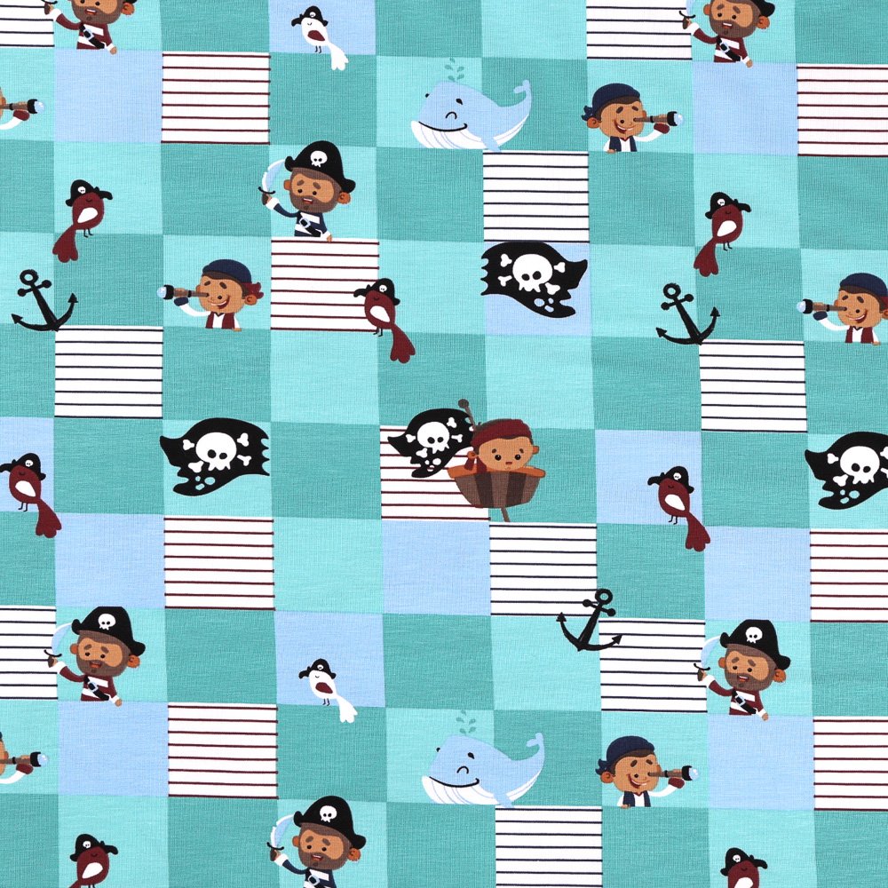 Tissu Jersey Coton Pirates et baleine Bleus et bordeau sur fond Vert