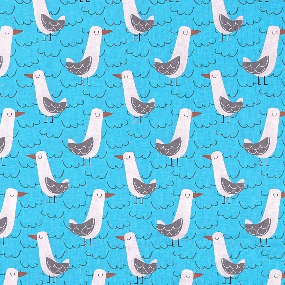 Tissu Jersey Coton Mouettes Blanches et grises sur fond Bleu
