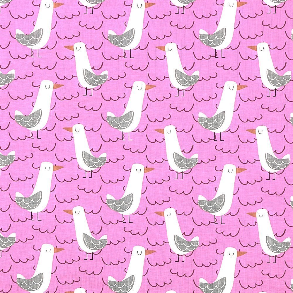 Tissu Jersey Coton Mouettes Blanches et grises sur fond Rose bonbon