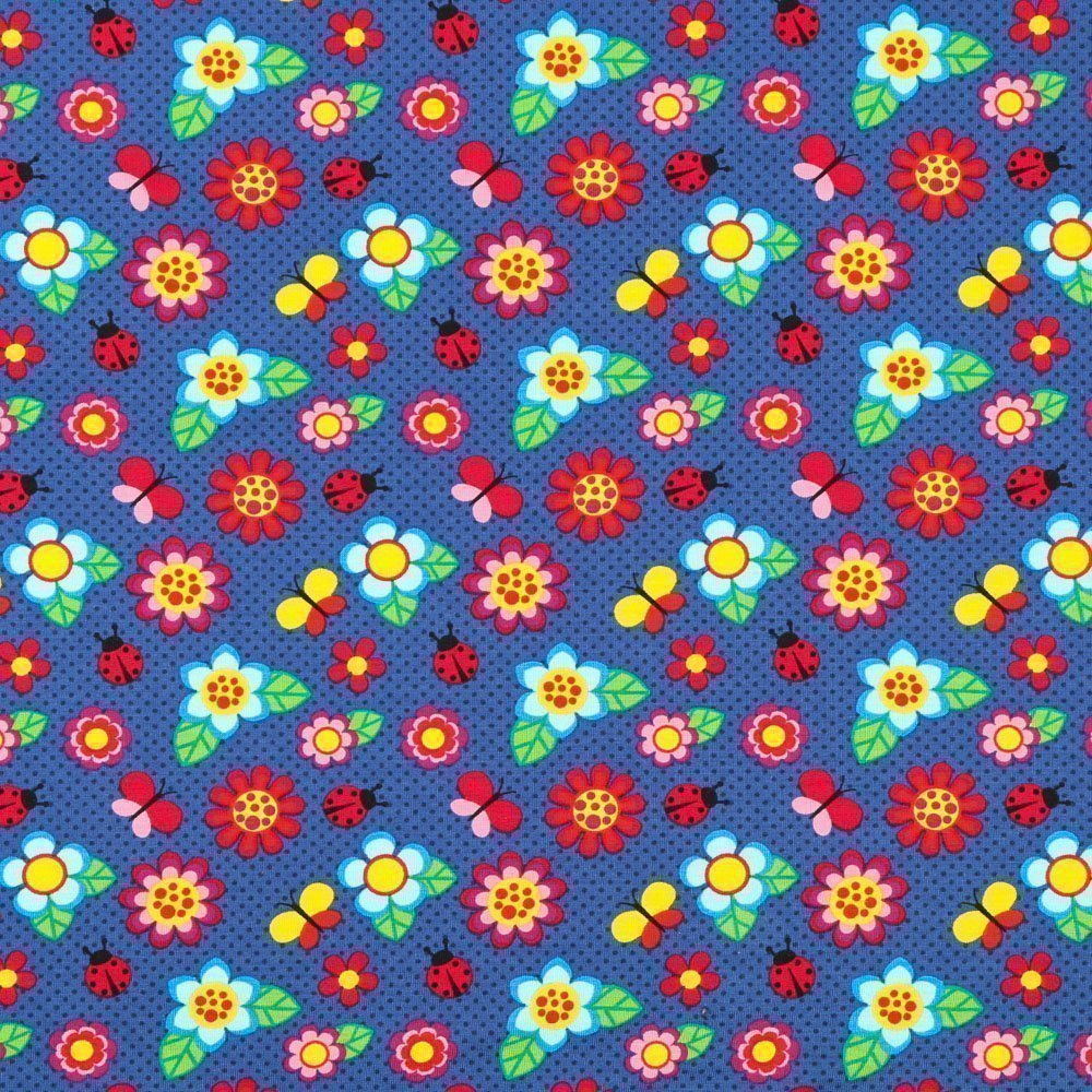 Tissu Jersey Coton Fleurs et Animaux Multicolores sur fond Violet