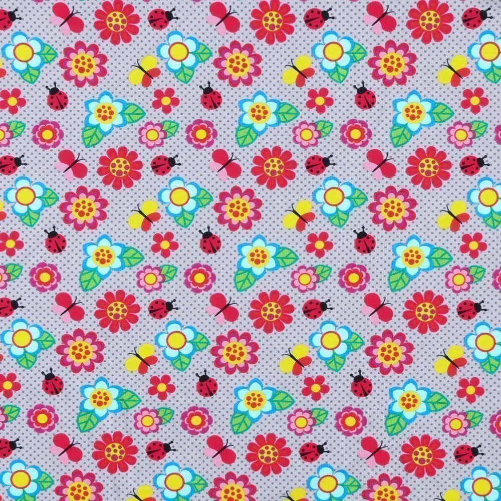 Tissu Jersey Coton Fleurs et Animaux Multicolores sur fond Gris