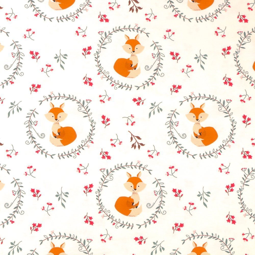 Tissu Jersey Coton Renards Beiges et marrons sur fond Ecru