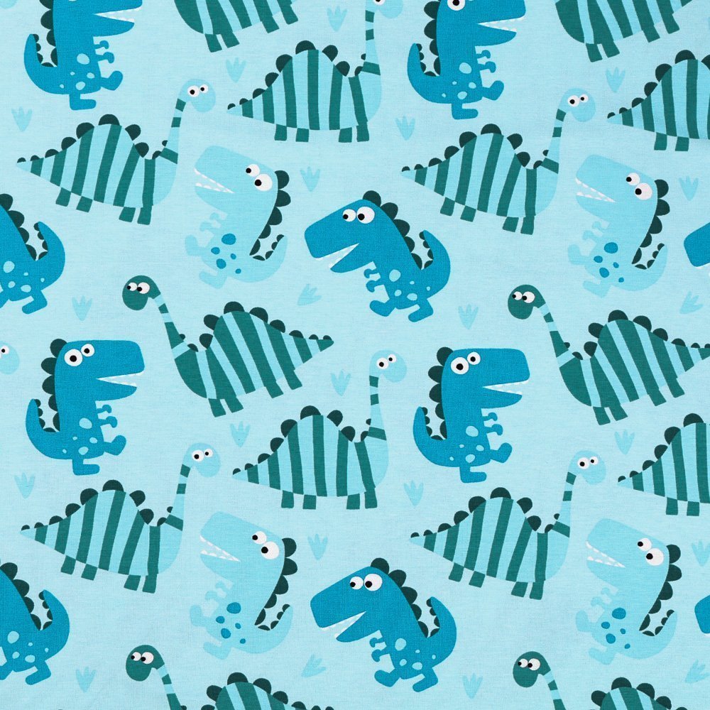 Tissu Jersey Coton Dinosaures Bleus et verts sur fond Bleu