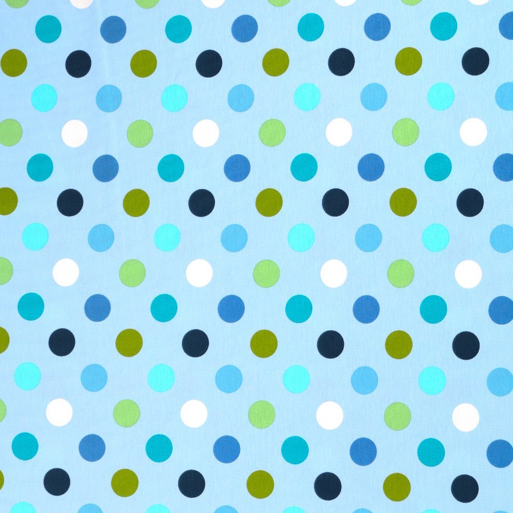 Tissu Jersey Coton Ronds Bleus, verts et blancs sur fond Bleu ciel