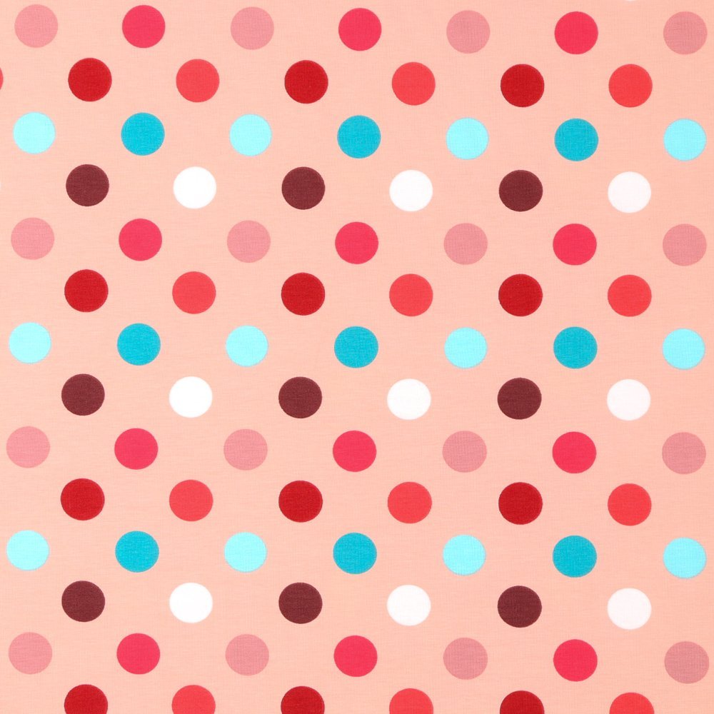 Tissu Jersey Coton Ronds Bleus, roses et blancs sur fond Rose pâle