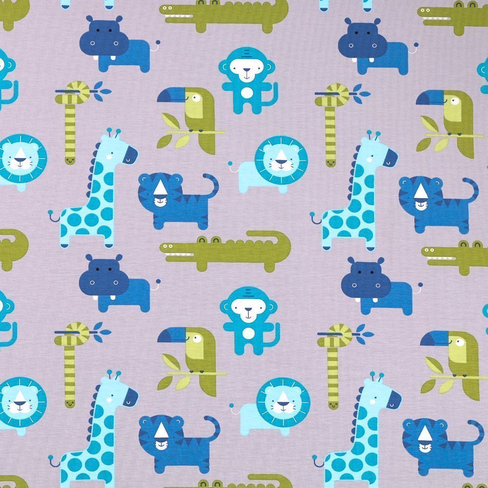 Tissu Jersey Coton Animaux de la savane Bleus et verts sur fond Gris