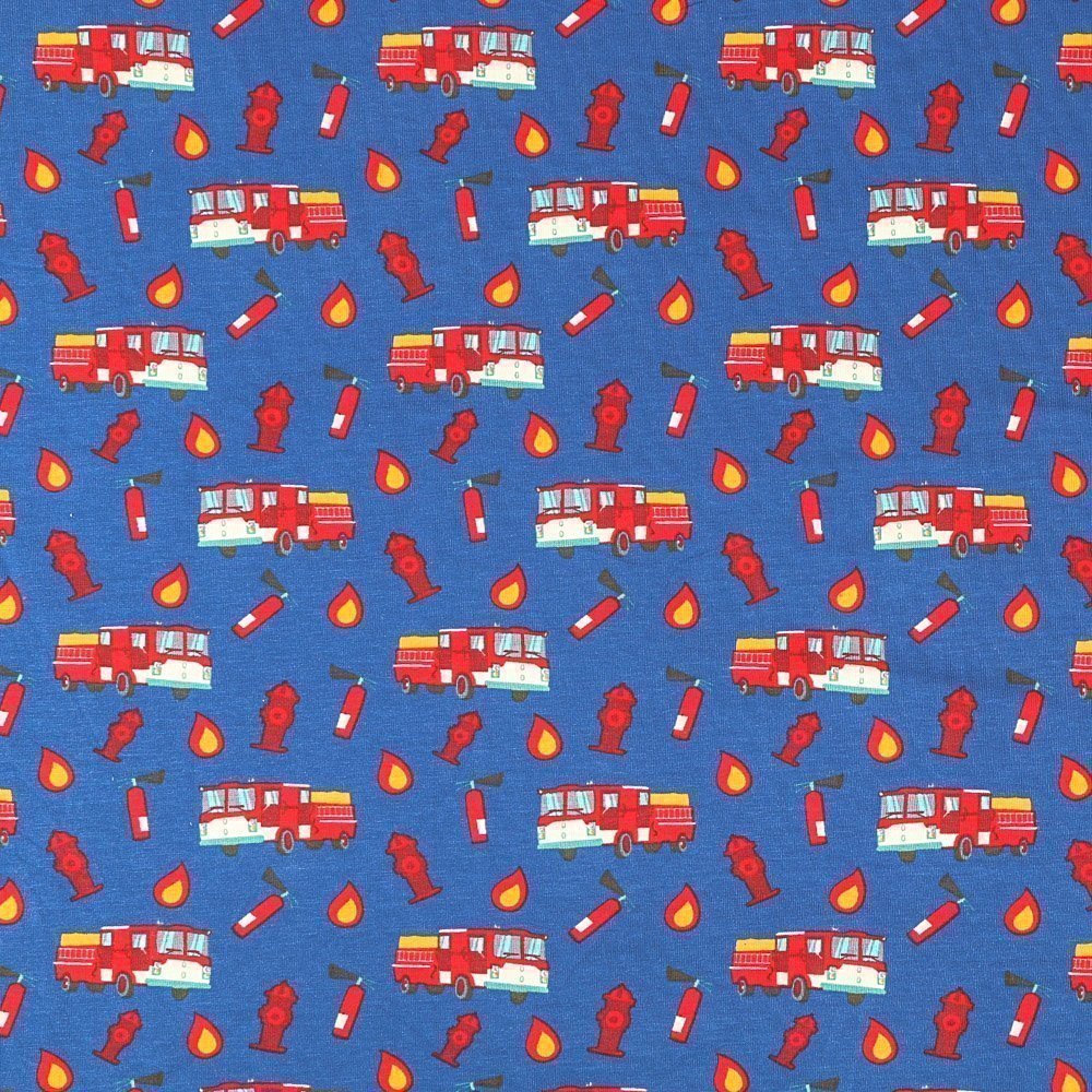 Tissu Jersey Coton Camions de Pompiers Rouges sur fond Bleu