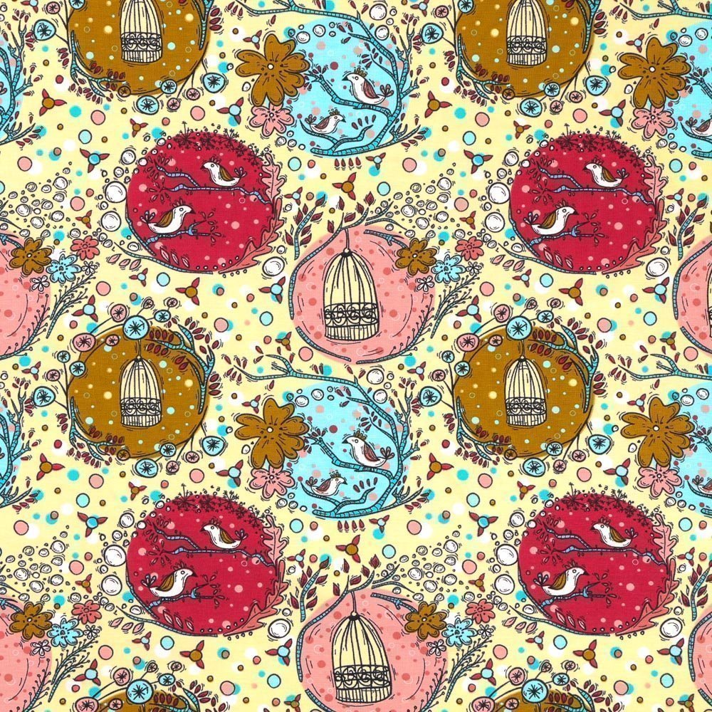 Tissu Jersey Coton Cages et Oiseaux Roses, bleus et moutarde sur fond Jaune pâle