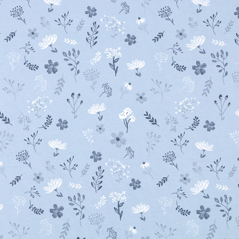 Tissu Jersey Coton Fleurs Blanches et Grises sur fond Bleu gris