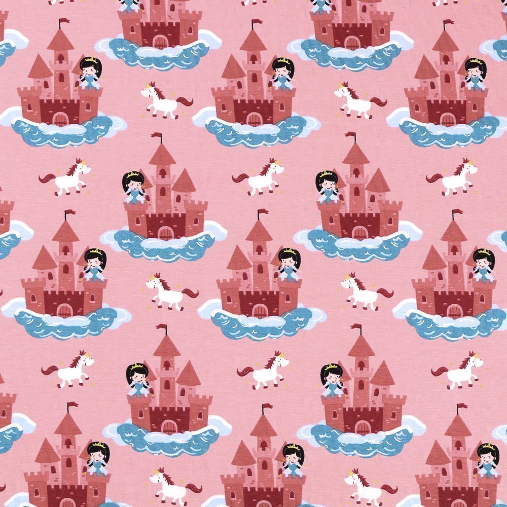 Tissu Jersey Coton Licornes et Princesses Vieux rose et bleues sur fond Rose