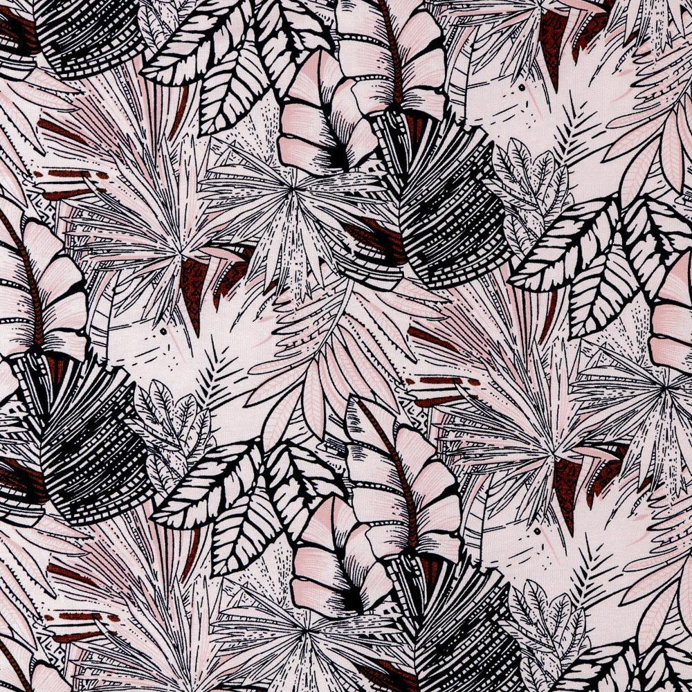 Tissu Jersey Viscose Feuilles Bleu marine et roses sur fond Ecru