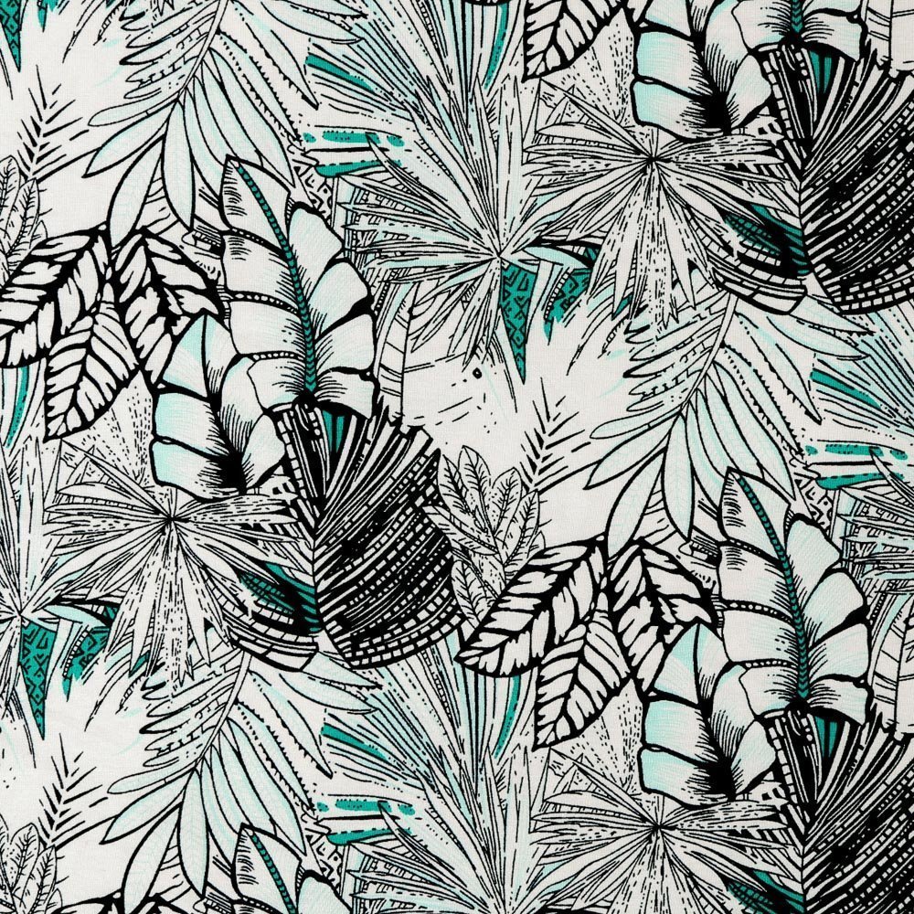 Tissu Jersey Viscose Feuilles Bleu marine et vertes sur fond Ecru