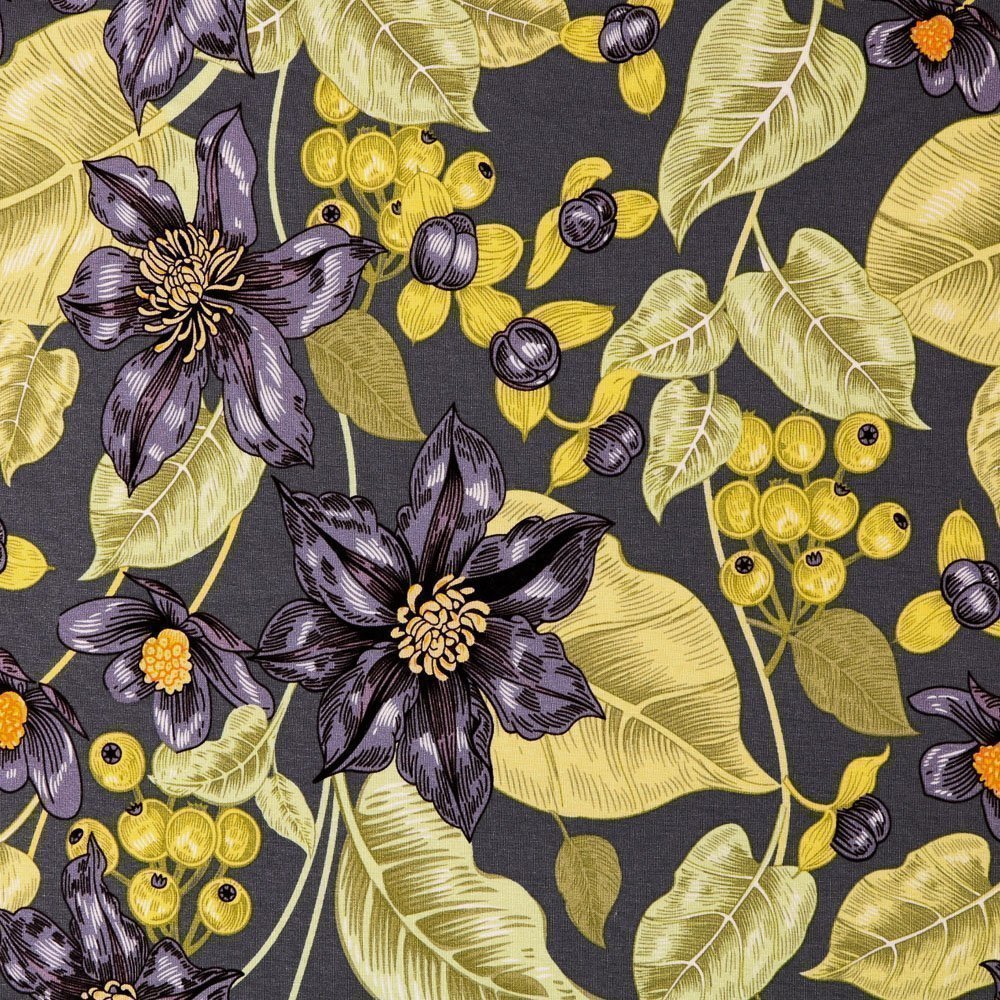 Tissu Jersey Viscose Fleurs et baies Vertes et violettes sur fond Gris ardoise