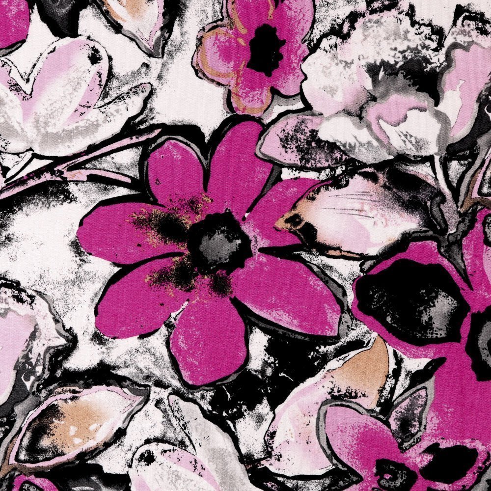 Tissu Jersey Viscose Fleurs Fuchsia et noires sur fond Ecru