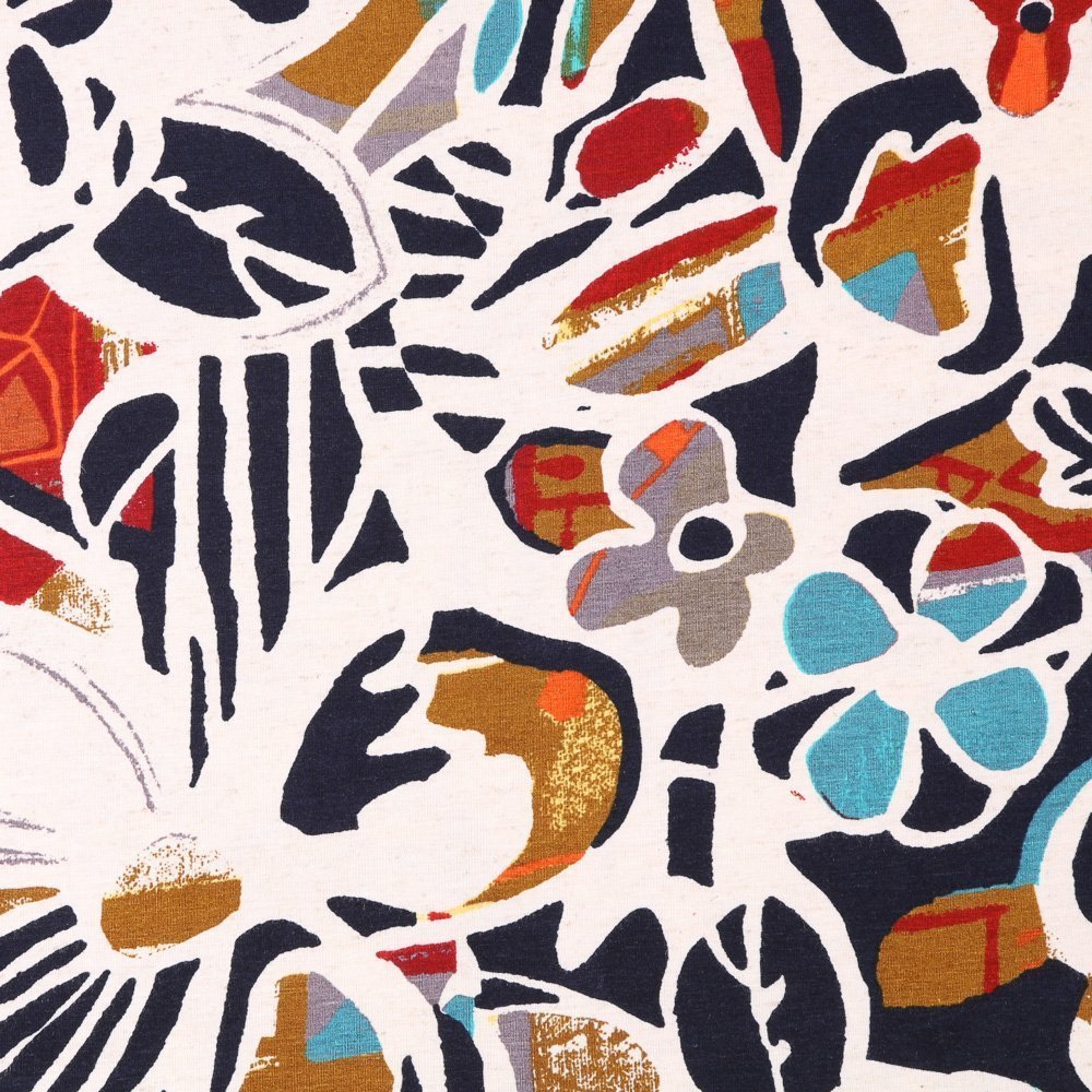 Tissu Jersey Viscose Lin Fleurs Multicolores sur fond Ecru chiné