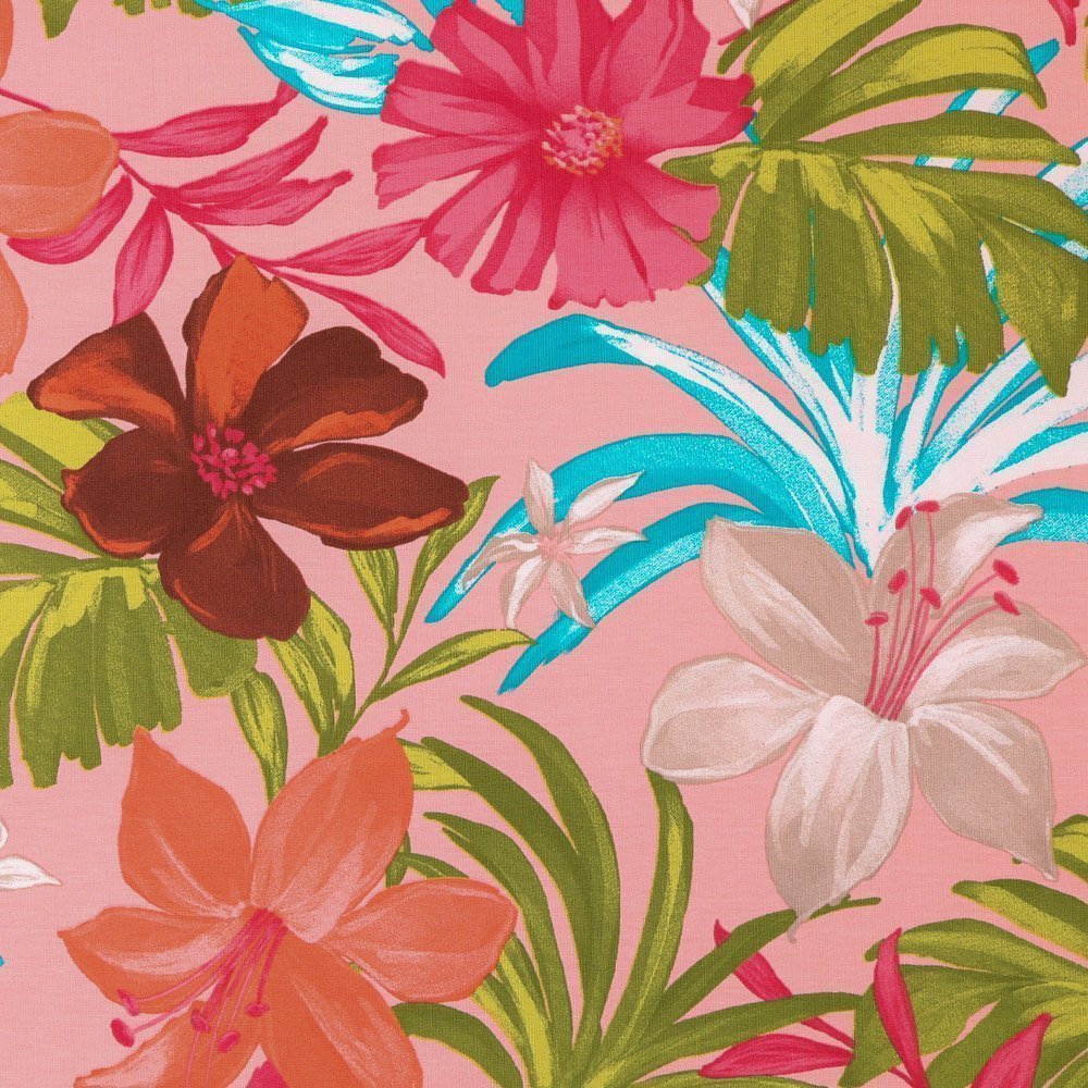 Tissu Jersey Coton Fleurs tropicales Vertes et oranges sur fond Rose